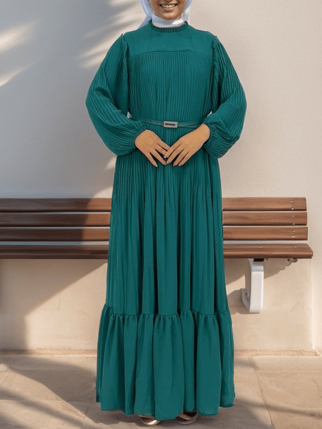 Muslim Black Green Pleated Abaya Dress