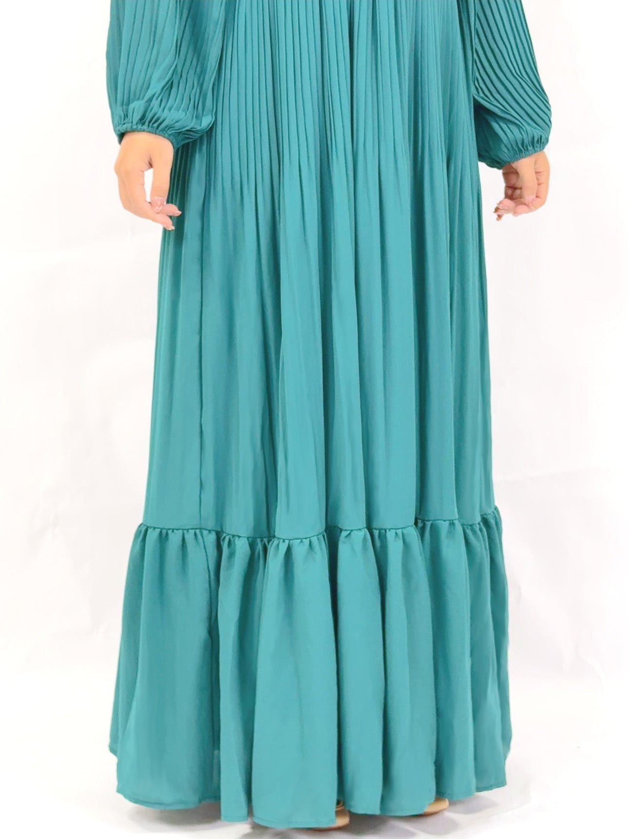 Muslim Black Green Pleated Abaya Dress