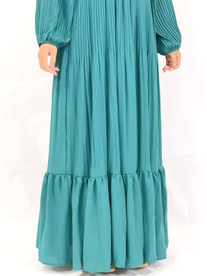 Muslim Black Green Pleated Abaya Dress