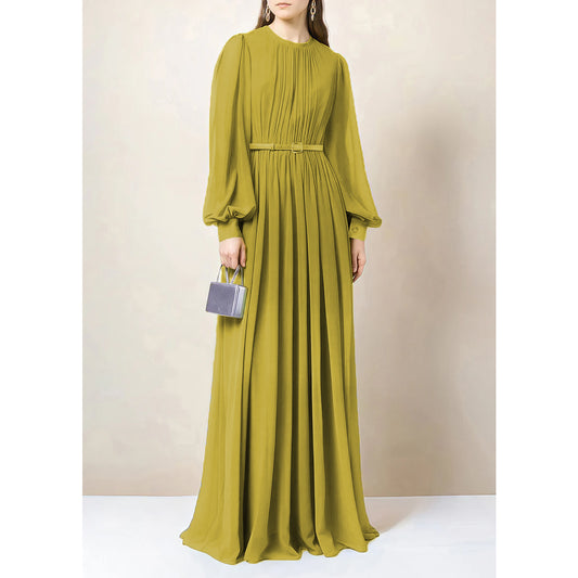 Solid Chiffon Belted Abaya Dress - Old Yellow