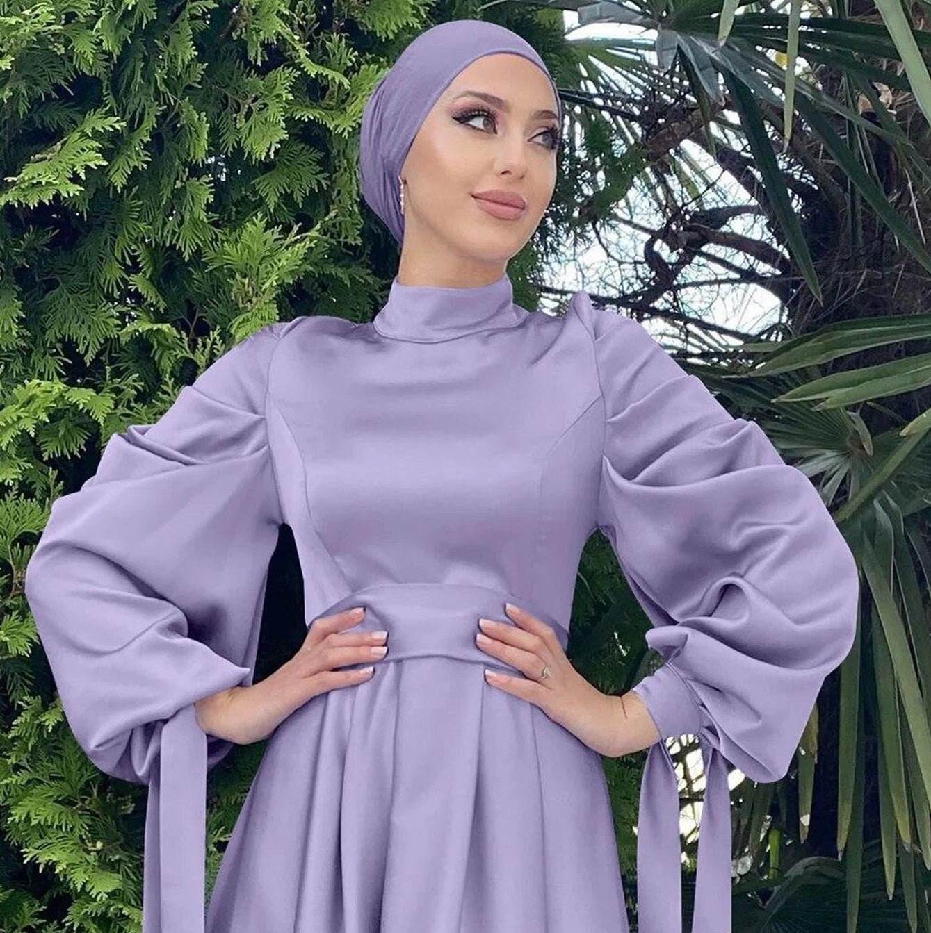 Modest Plain Satin Stripes Sleeve Abaya Dress - Purple