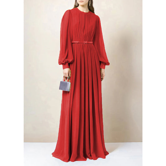 Solid Chiffon Belted Abaya Dress - Red