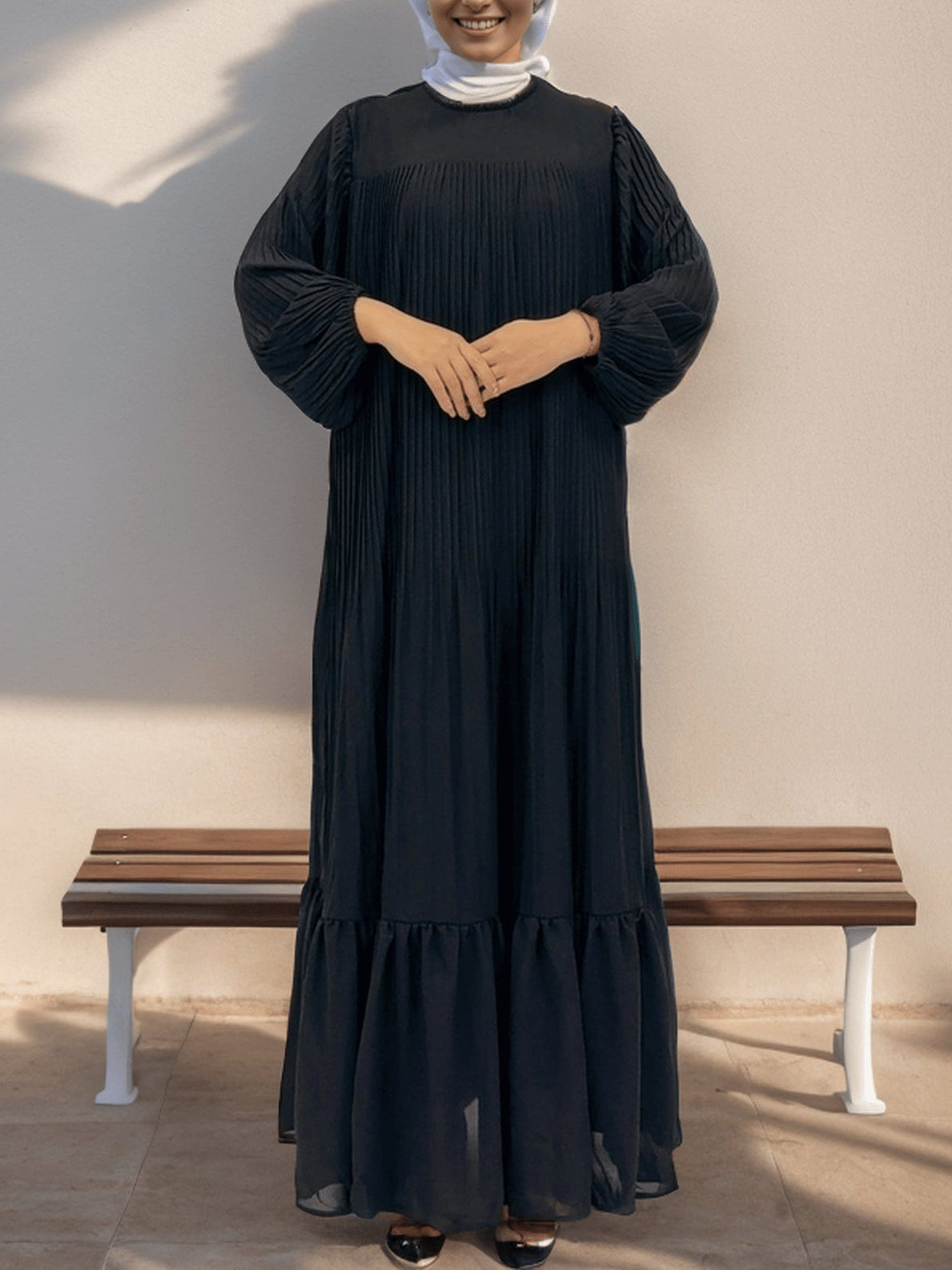 Muslim Black Green Pleated Abaya Dress