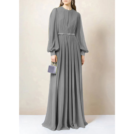 Solid Chiffon Belted Abaya Dress - Grey