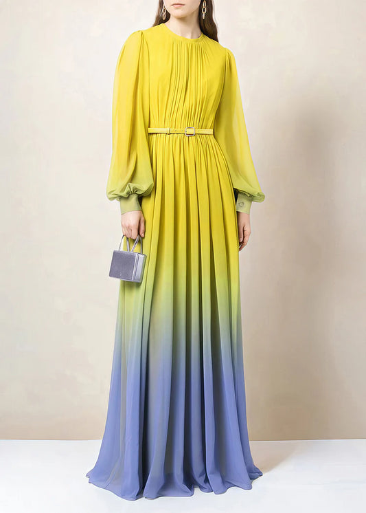 Gradient Chiffon Belted Abaya Dress - Yellow