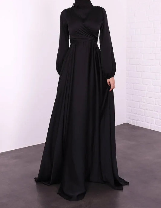 Satin Abaya Crossed Belted Evening Dress - Black