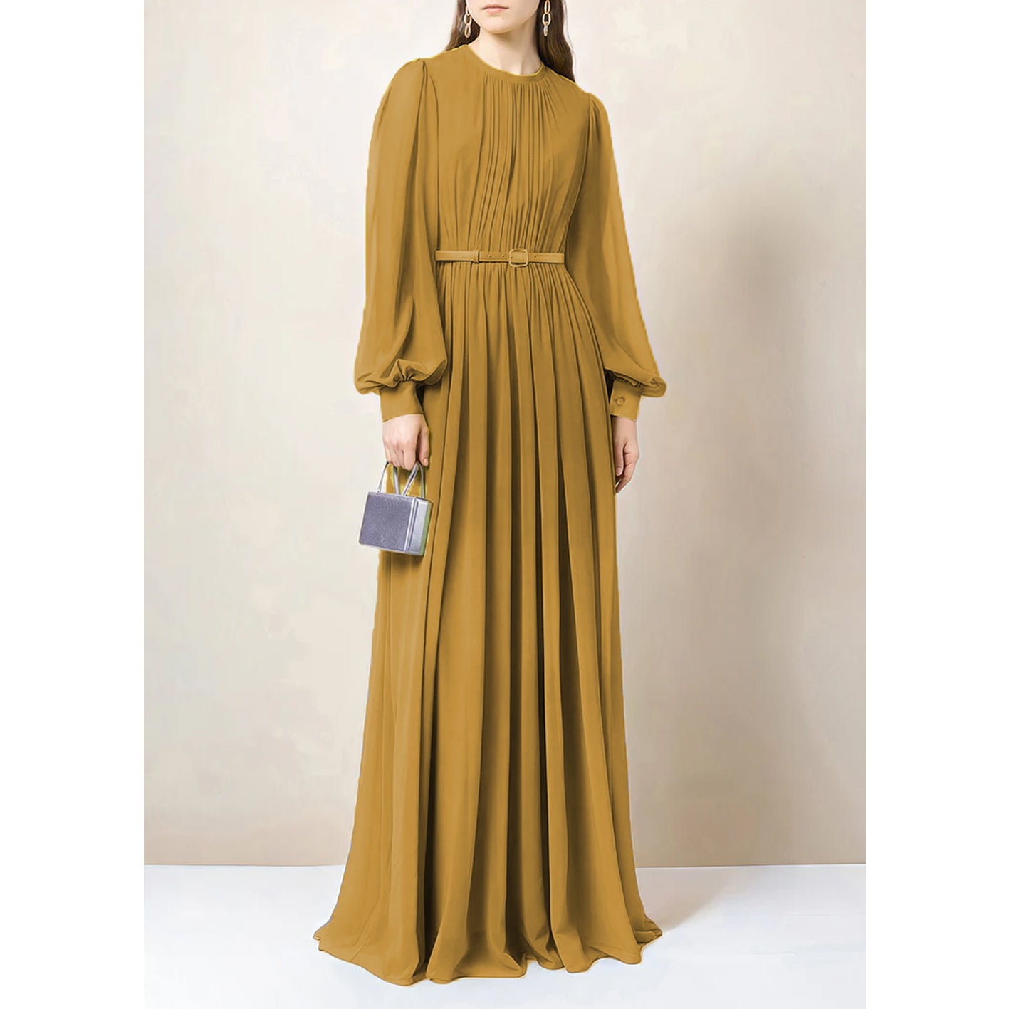 Solid Chiffon Belted Abaya Dress - Turmeric