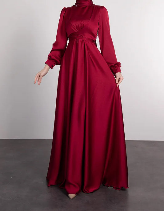 Satin Abaya Crossed Belted Evening Dress - Red