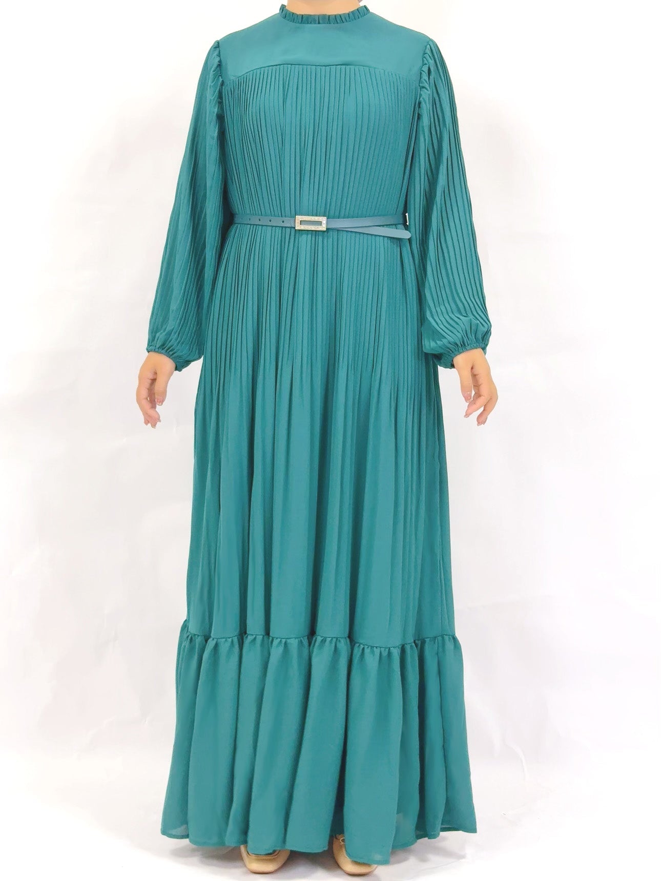 Muslim Black Green Pleated Abaya Dress