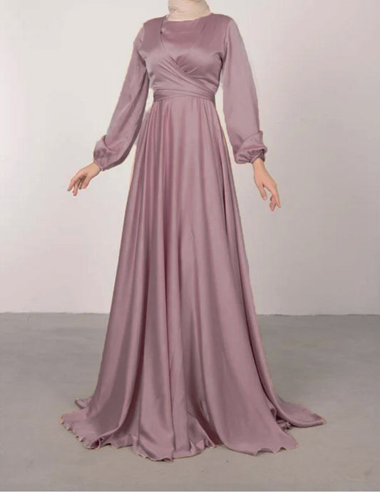 Satin Abaya Crossed Belted Evening Dress - Purple