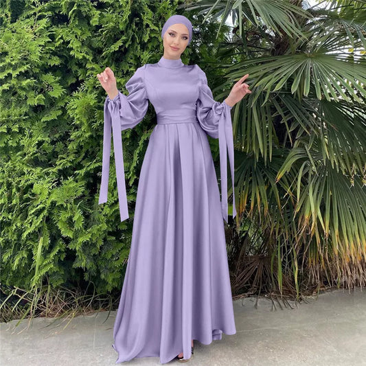 Modest Plain Satin Stripes Sleeve Abaya Dress - Purple