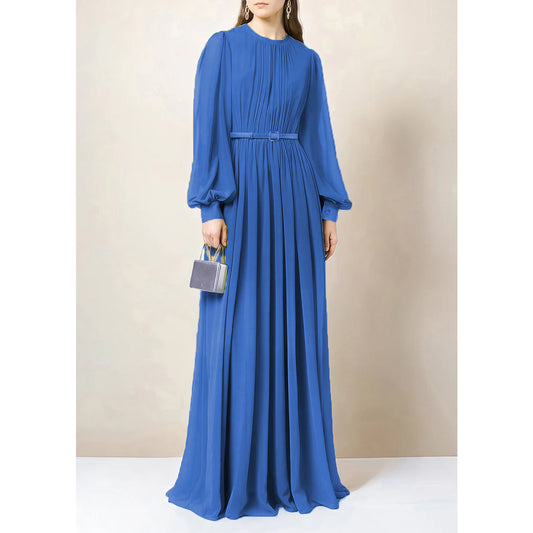 Solid Chiffon Belted Abaya Dress - Blue