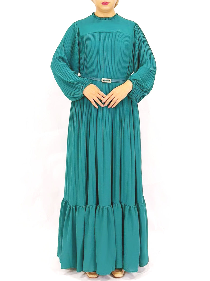 Muslim Black Green Pleated Abaya Dress